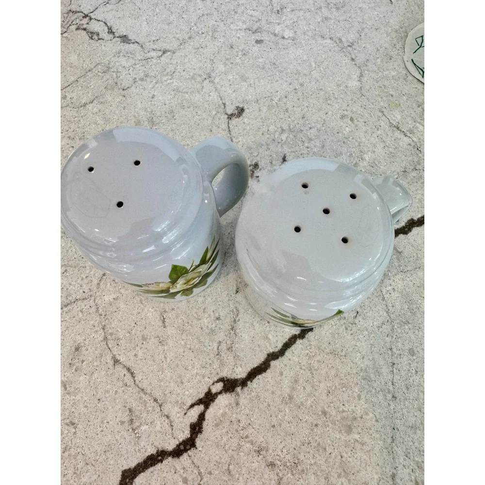 Vintage Magnolia Floral Ceramic Salt and Pepper Shakers Set White Mug Style